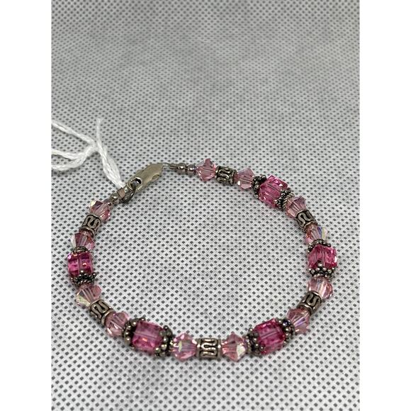 Bali Silver & Rose Cubes- Handcrafted Swarovski Crystal Beads Bracelet - Picture 3 of 4